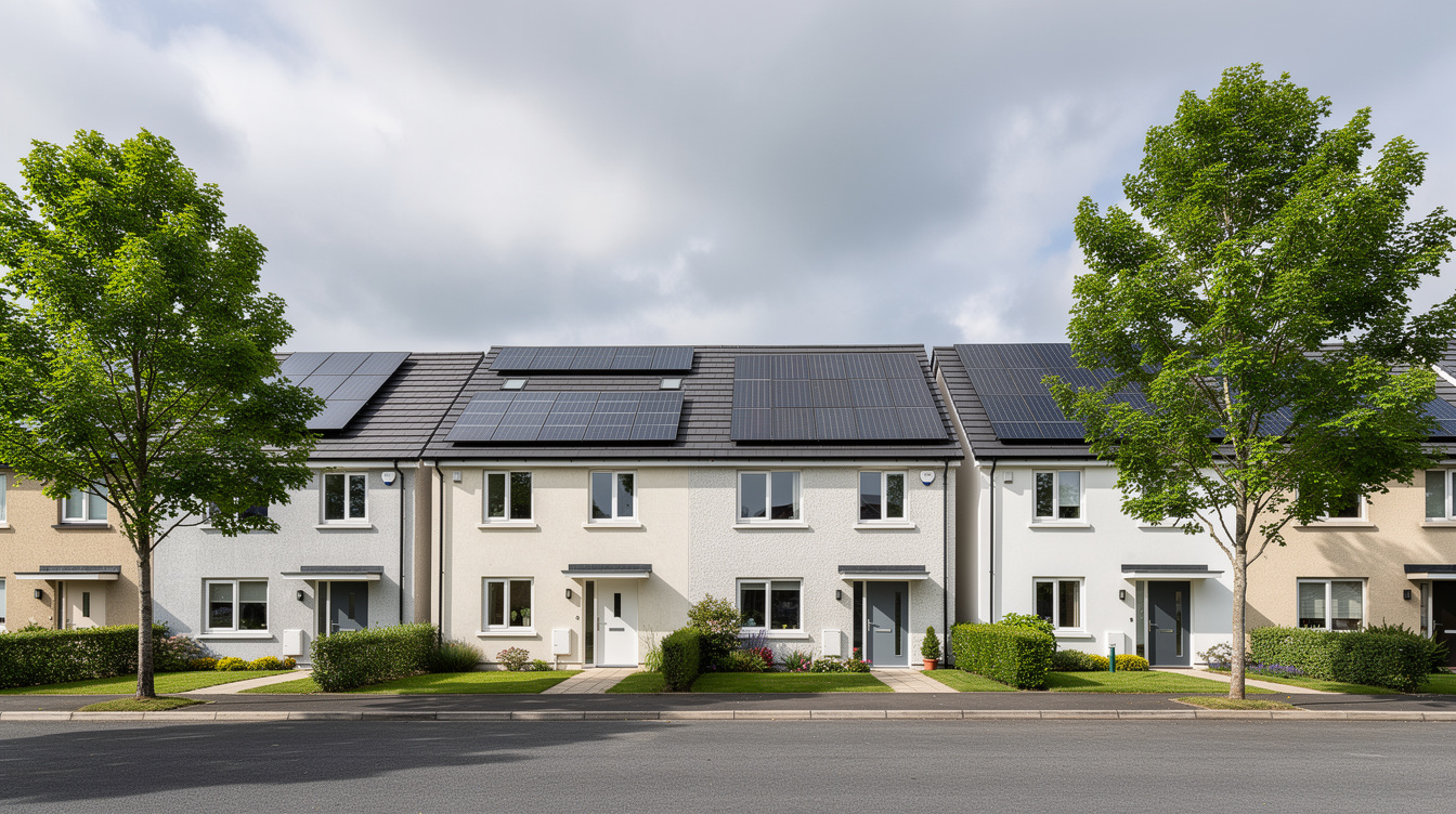 Row of Irish semi-detached homes with various solar PV array sizes on roofs