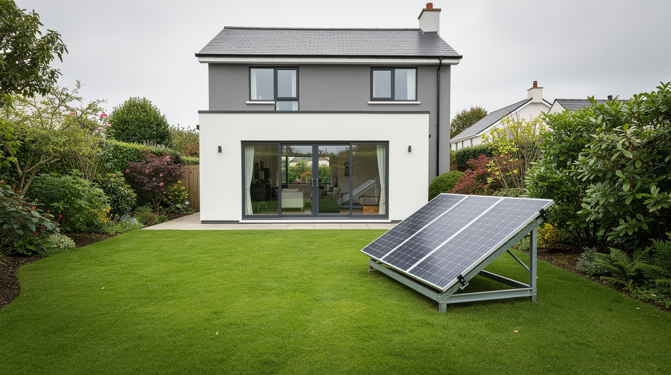 Small ground-mounted solar array in the back garden of a modern Irish detached house