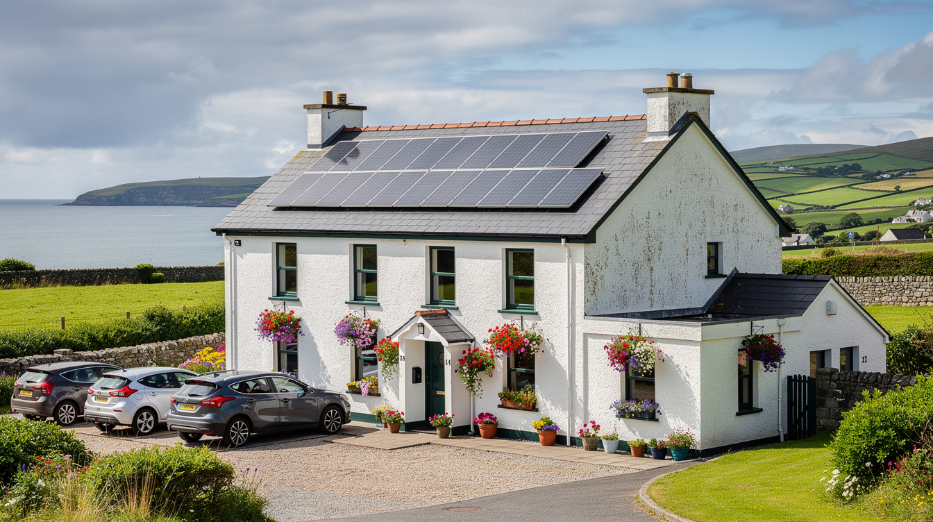 Traditional two-storey Irish guesthouse beside the Wild Atlantic Way near Bundoran, slate-grey solar PV panels on the south-facing roof, Donegal Bay visible to the south, hanging flower baskets, parked cars in the driveway