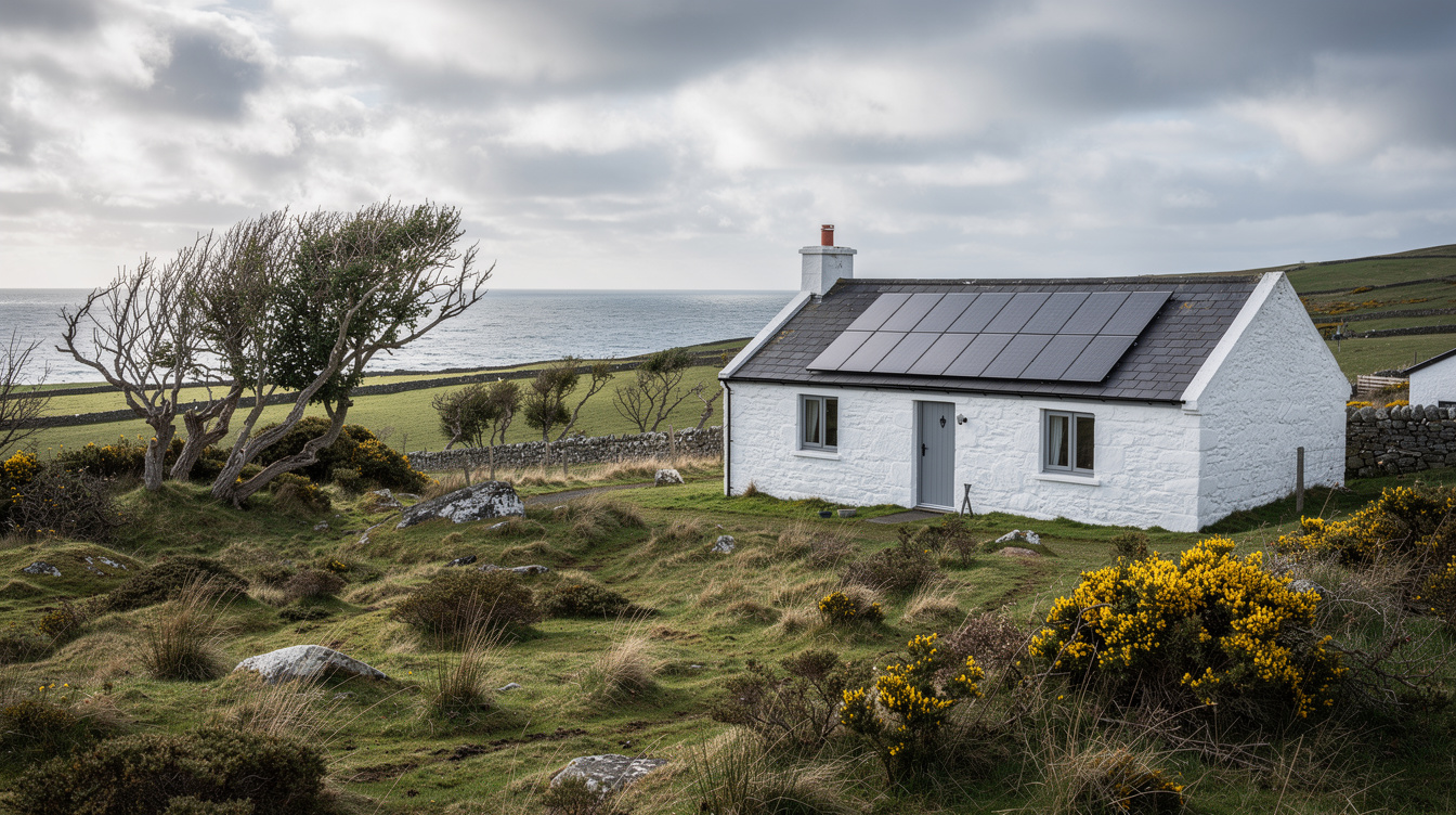 Whitewashed detached Irish cottage on a hillside near Carndonagh in Inishowen with slate-grey solar PV panels on a south-facing roof, Atlantic Ocean visible in the distance, wind-bent hawthorn and gorse in the foreground