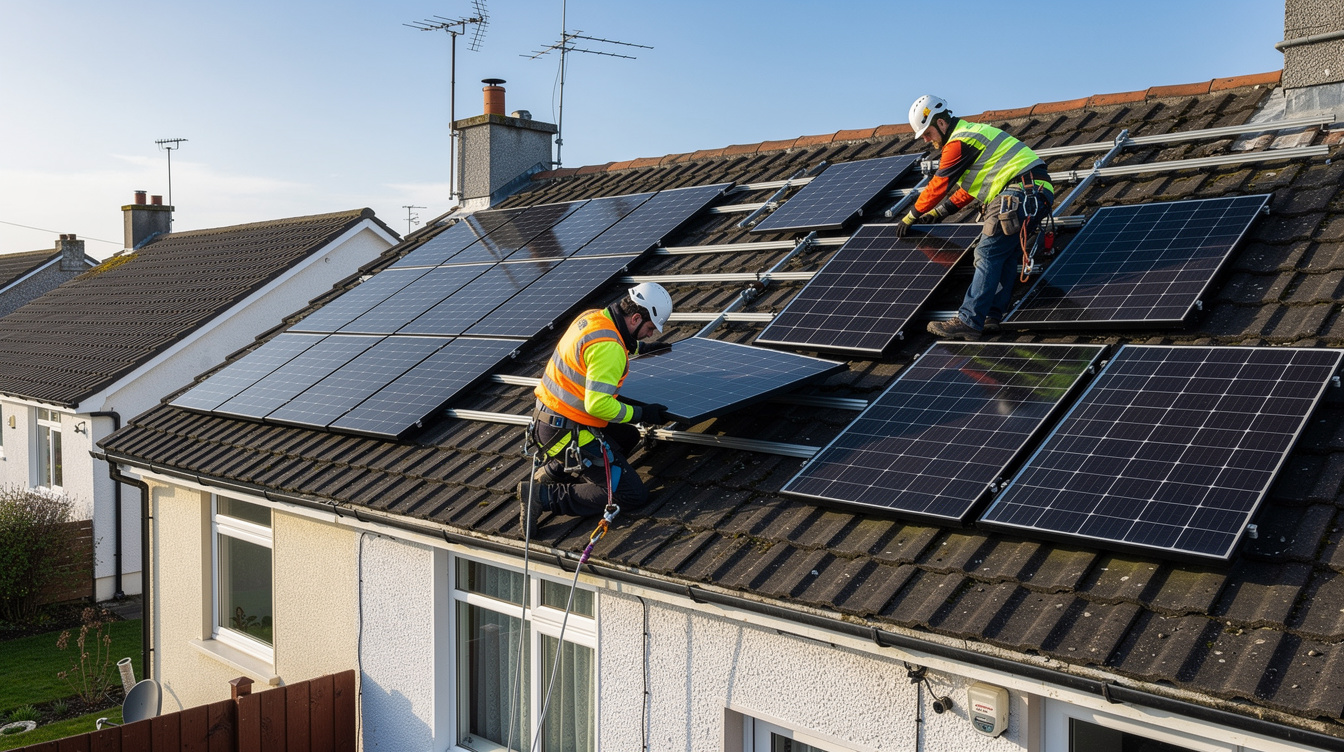 Two installers fitting solar panels on a Dublin semi-detached house roof