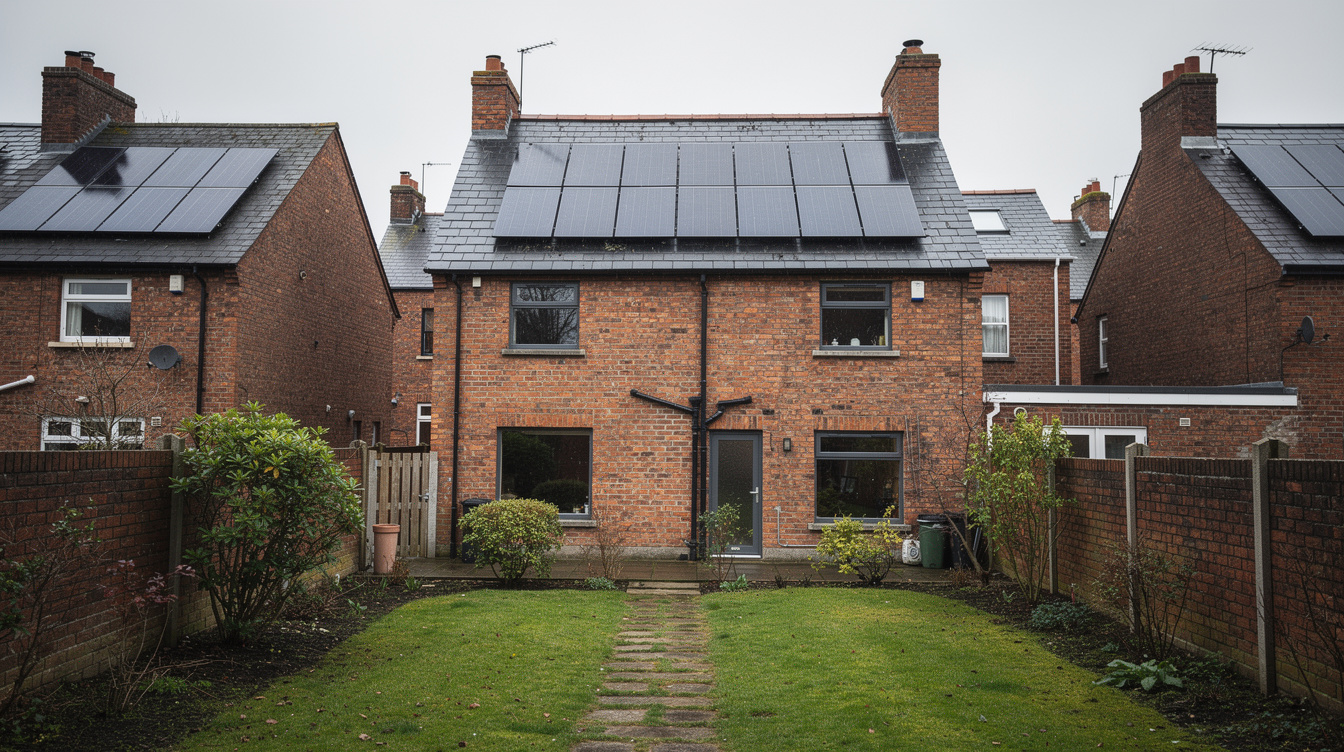 Dublin red-brick terraced houses with rooftop solar panels installed