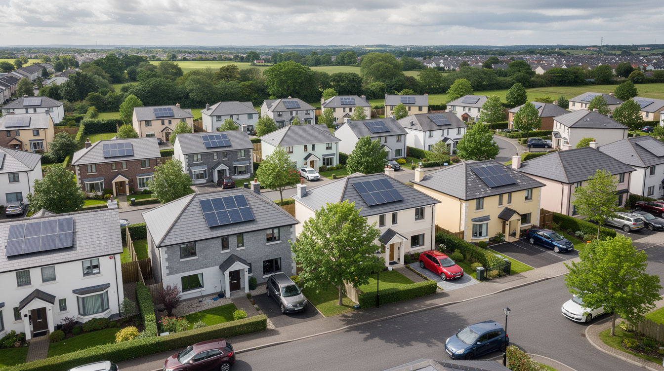 Aerial view of a Dublin residential estate with solar panels installed on multiple south-facing rooftops