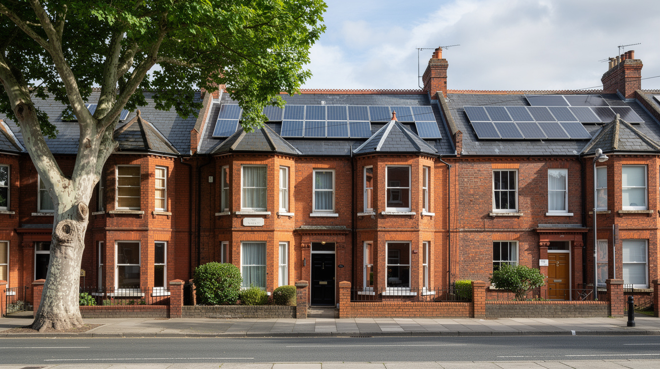 Row of red-brick Dublin terraced houses with rooftop solar panels under partly cloudy sky
