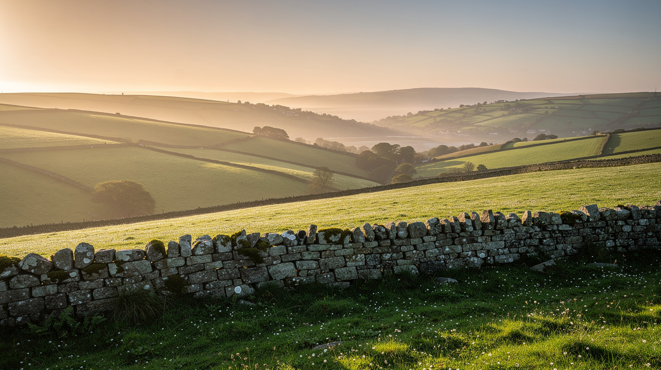 Soft morning light over rolling Irish countryside hills