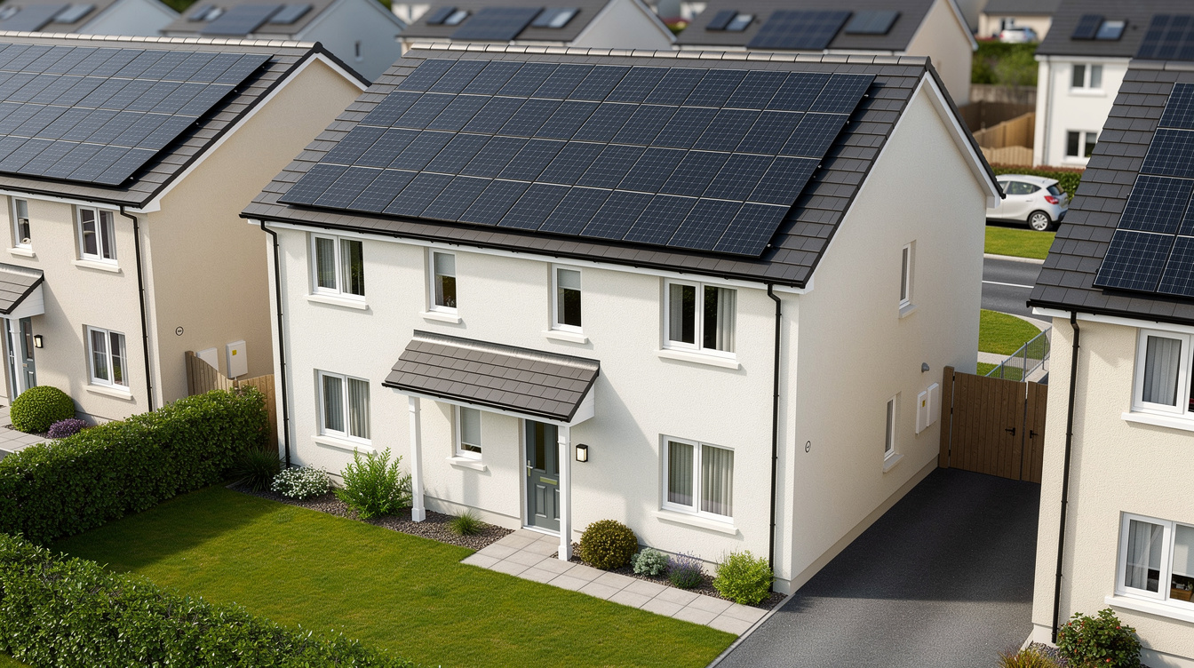 Irish semi-detached house with solar panels split across east-facing and west-facing roof pitches