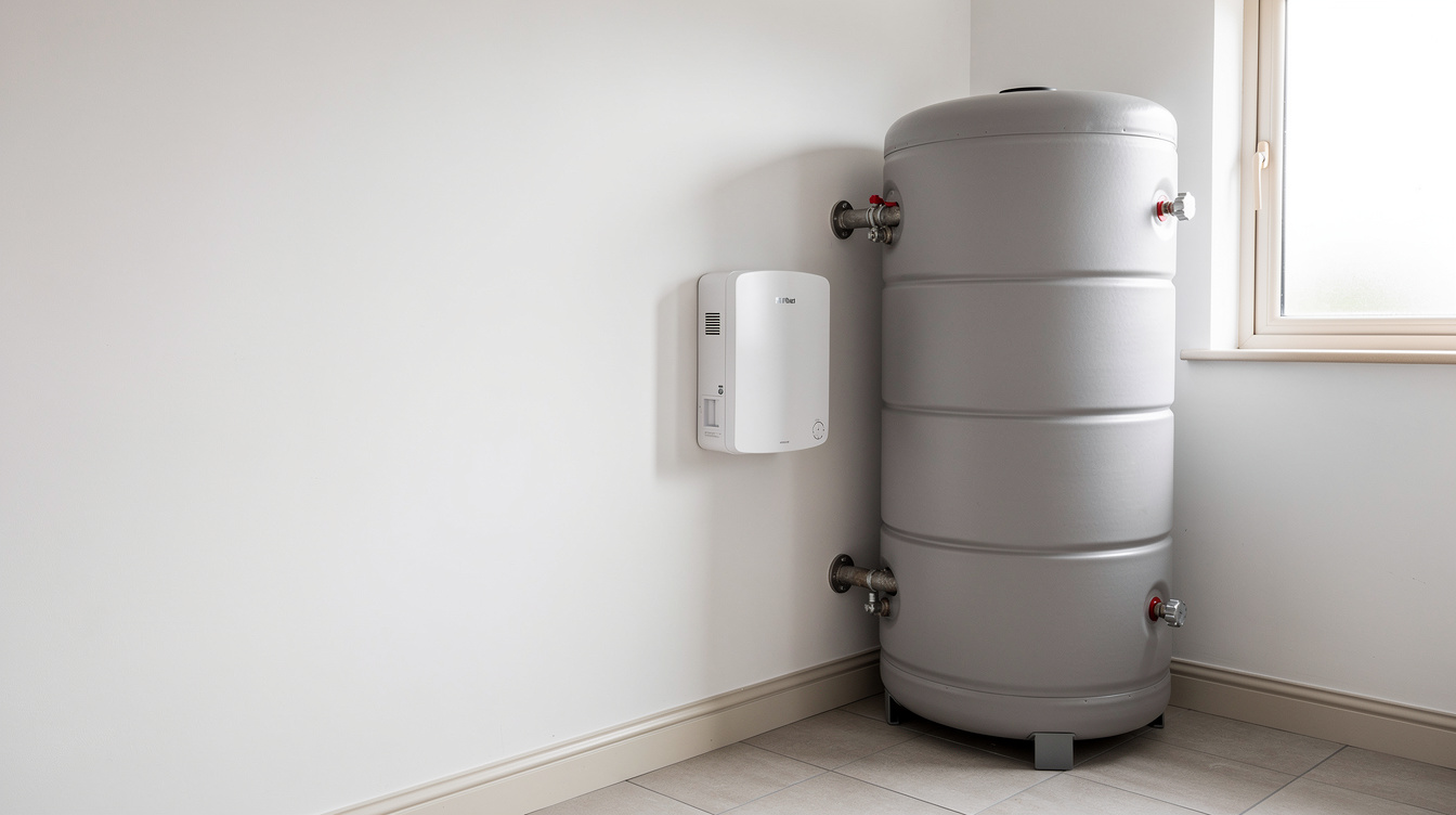 Solar PV diverter unit mounted beside hot water cylinder in Irish utility room