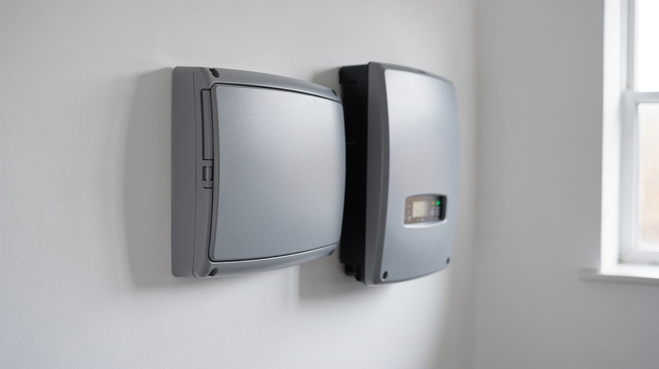 Domestic Irish electrical fuse board and solar inverter mounted side by side in a utility room