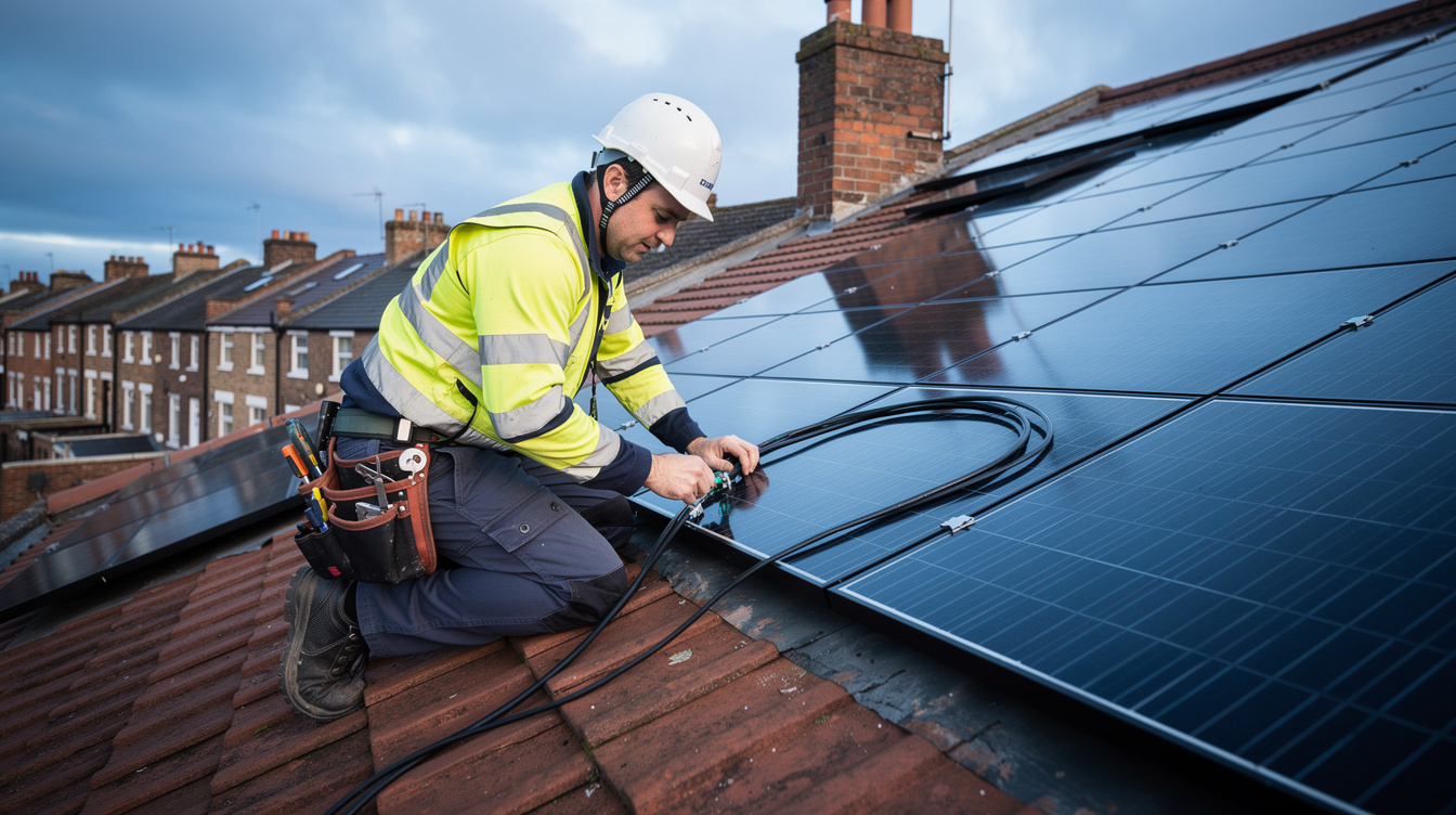 Irish solar installer in hi-vis vest connecting panel cables on a terraced-house rooftop