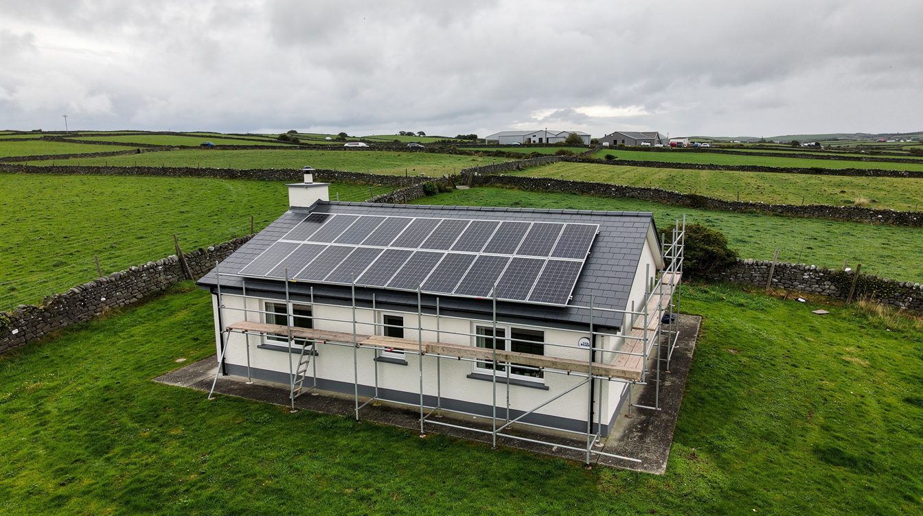 Solar PV install on rural Galway bungalow rooftop with Burren stone walls