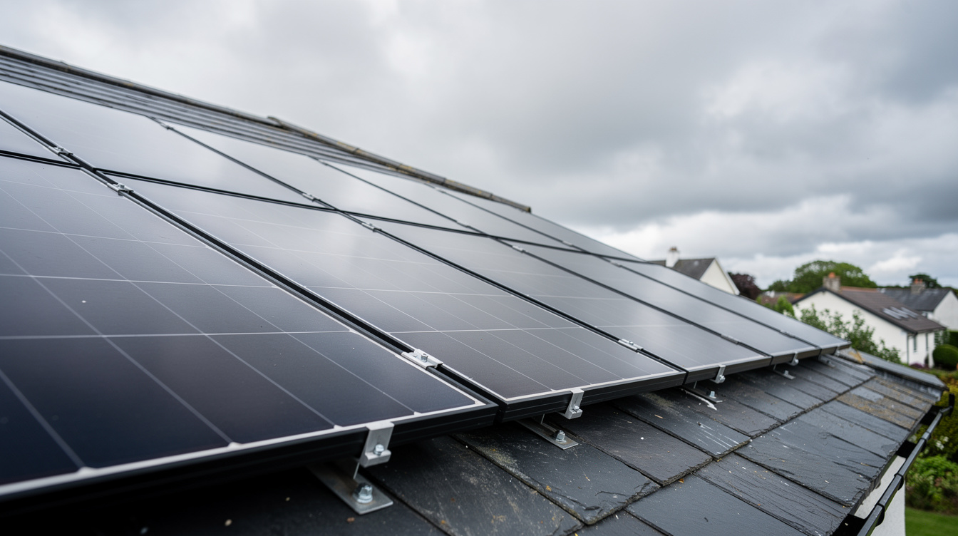 Solar PV panel array on Galway suburban house slate roof
