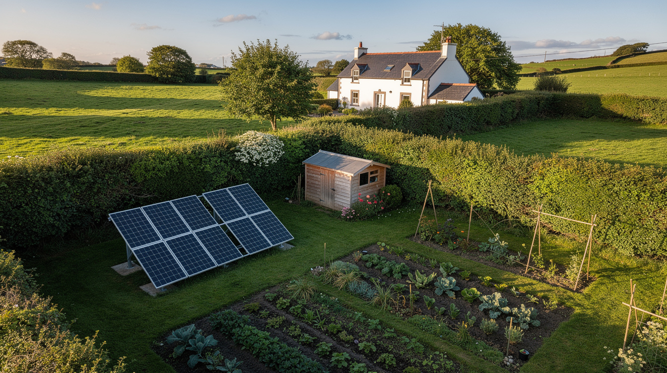 Aerial view of a ground-mounted solar array beside a vegetable patch in a rural Irish garden with a white farmhouse in the background