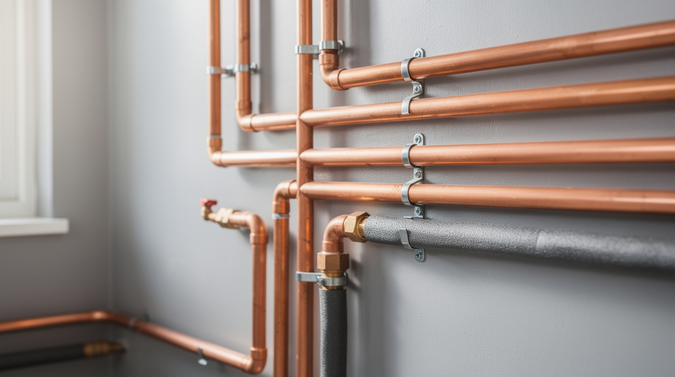Copper pipework arrangement against utility room wall with insulation lagging