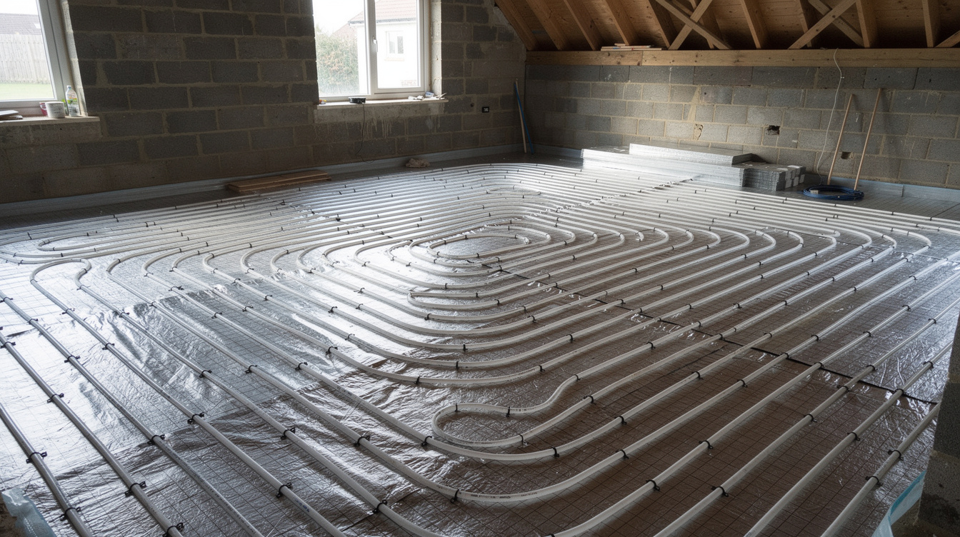 Underfloor heating pipe loops installed on insulation in new build