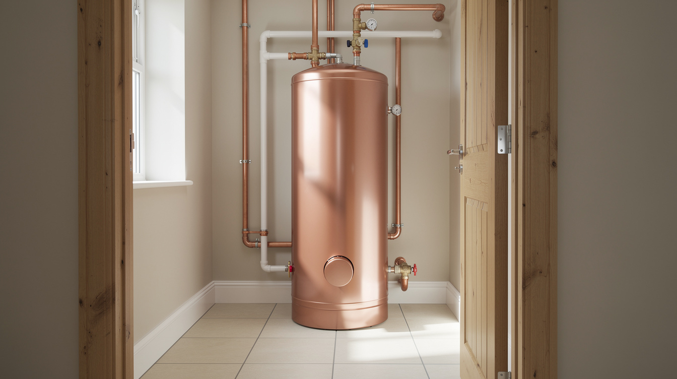 Modern twin-coil copper hot water cylinder in an Irish utility room