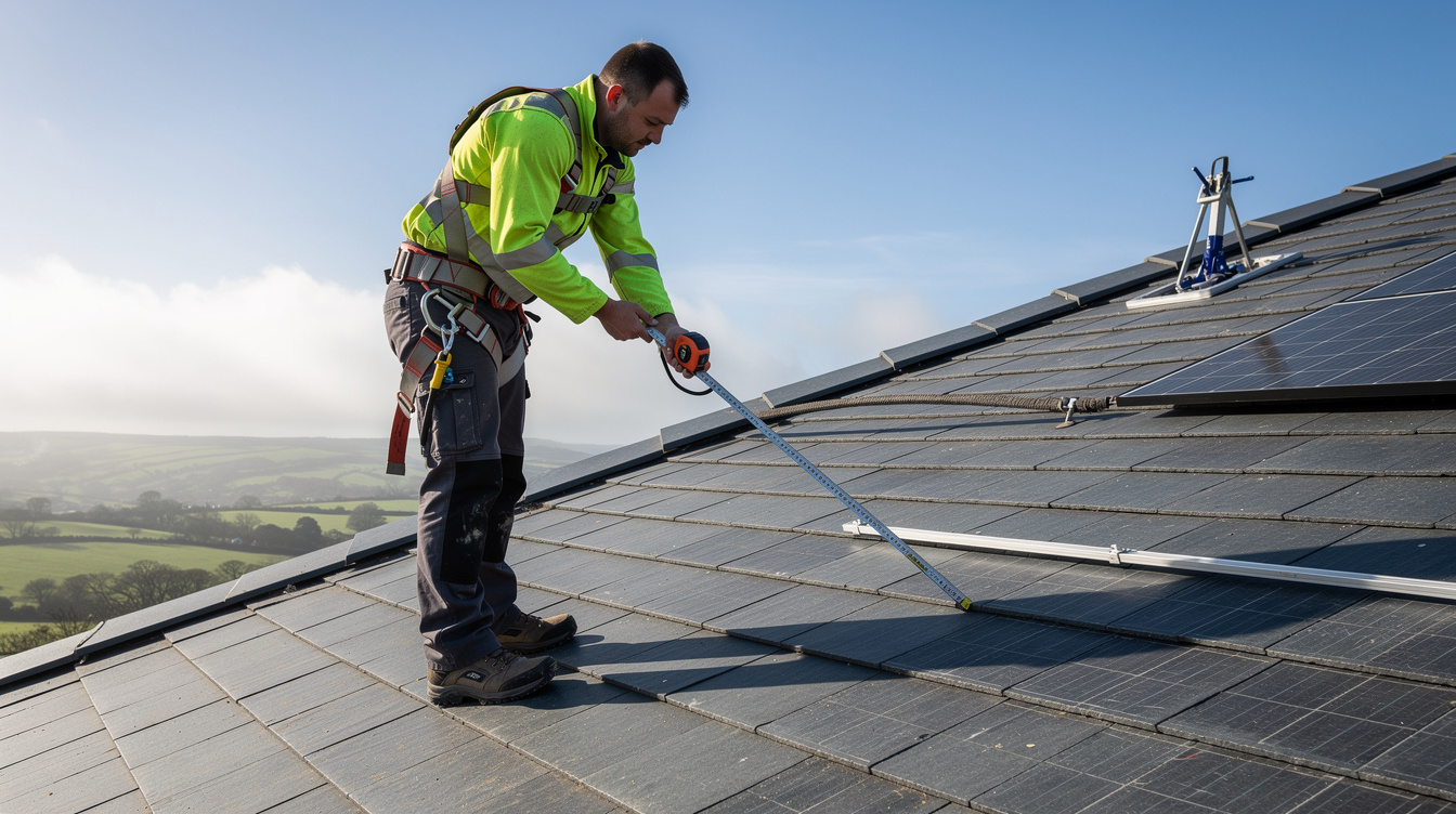 Solar installer measuring an Irish roof slope to calculate solar panel capacity