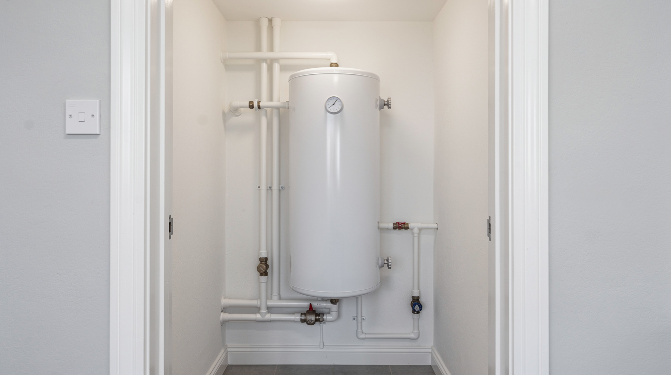 Modern insulated hot water cylinder with pipework in Irish utility room