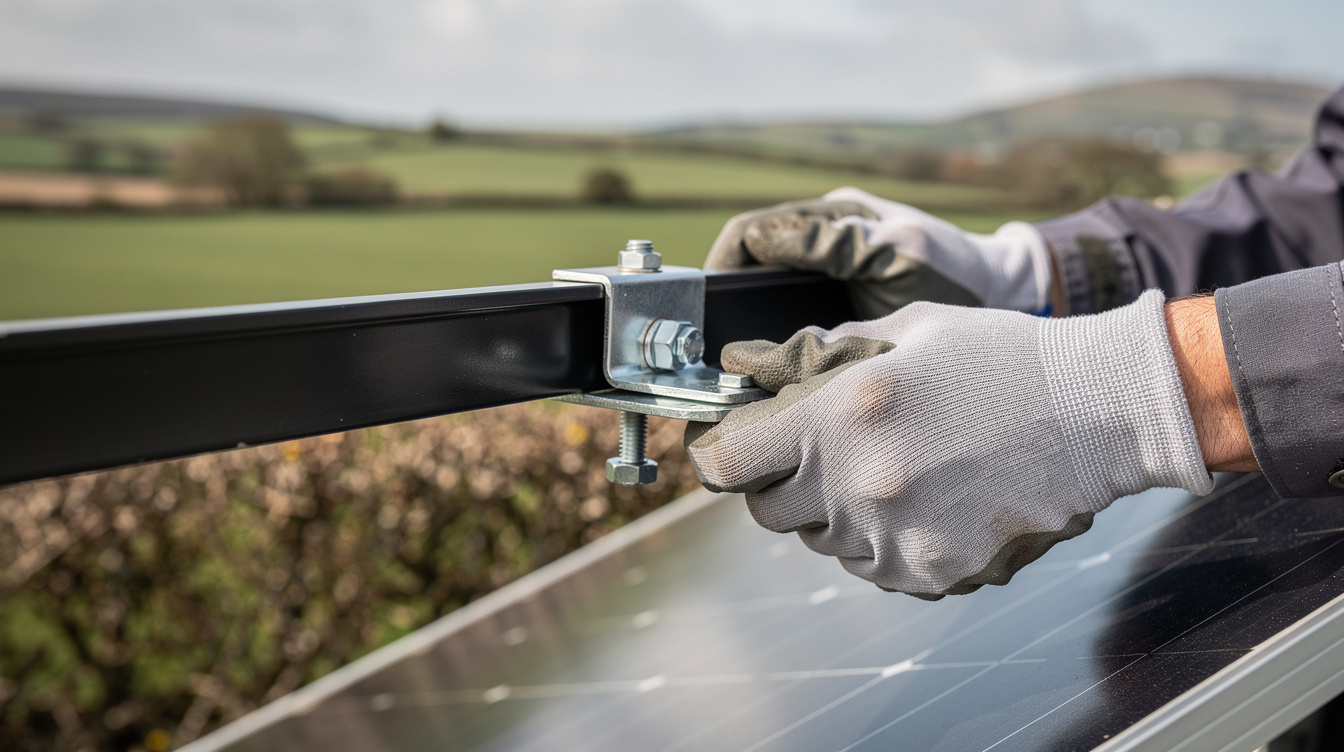 Close-up of installer fitting an aluminium mounting clamp onto a solar panel rail on an Irish rooftop