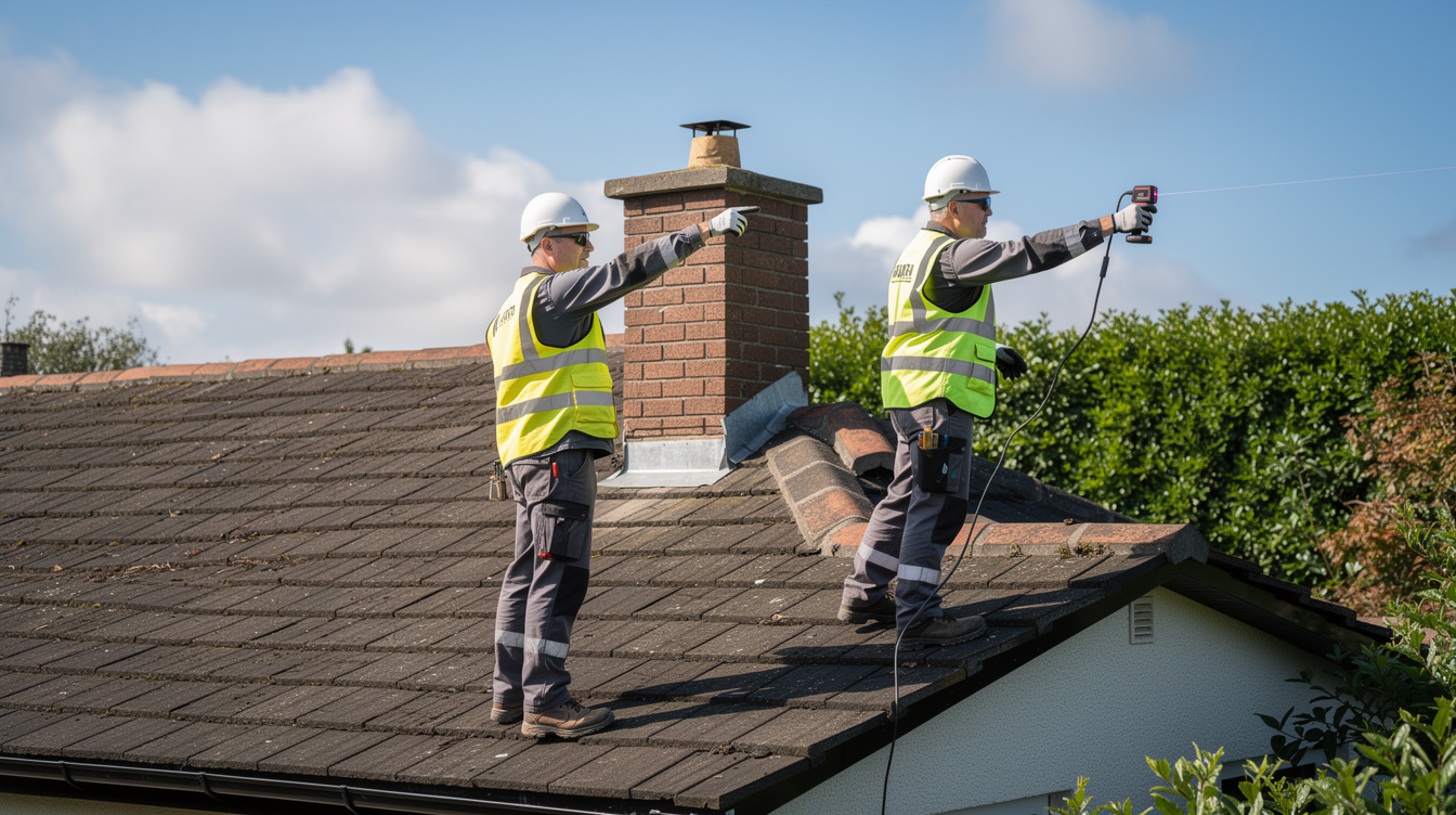 Two solar installers in hi-vis conducting a roof survey on an Irish bungalow