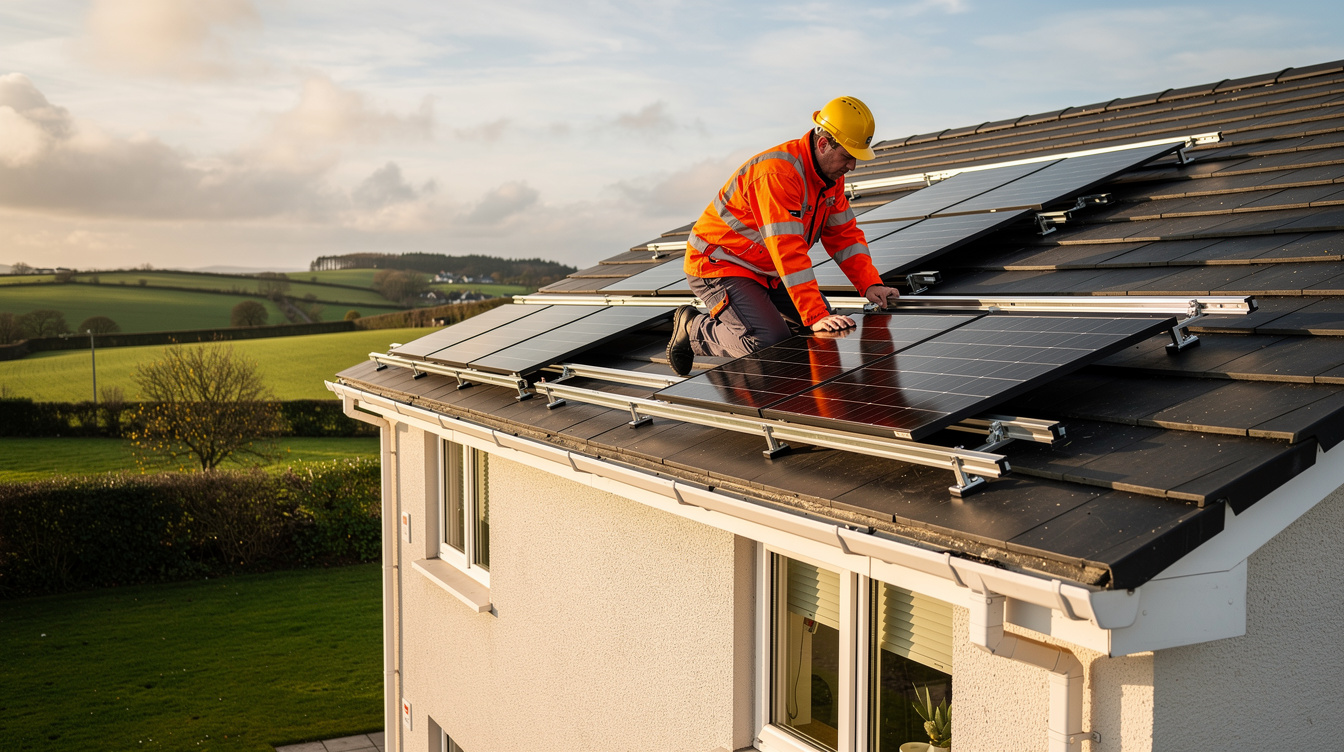 Solar installer working on rear roof of Irish suburban home with panels being mounted