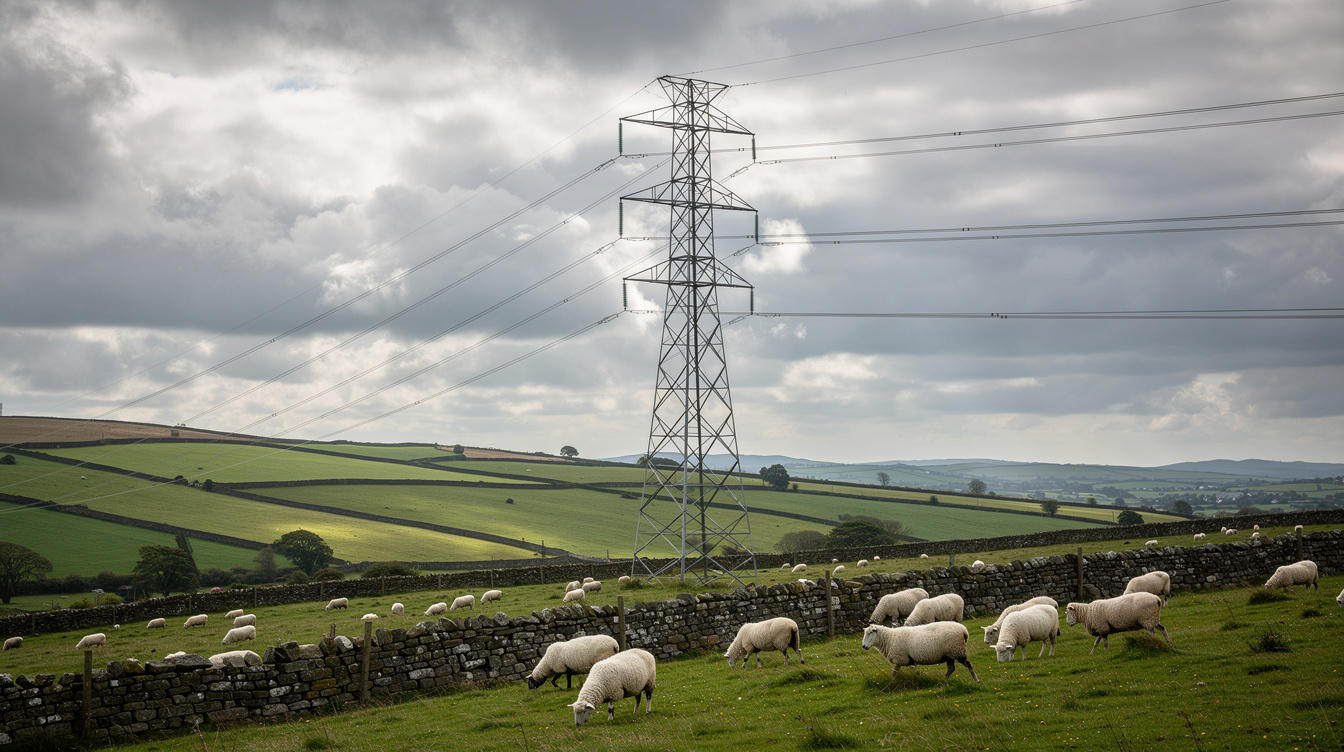 Tall electricity transmission pylon and overhead power lines crossing a rolling green Irish countryside with sheep grazing
