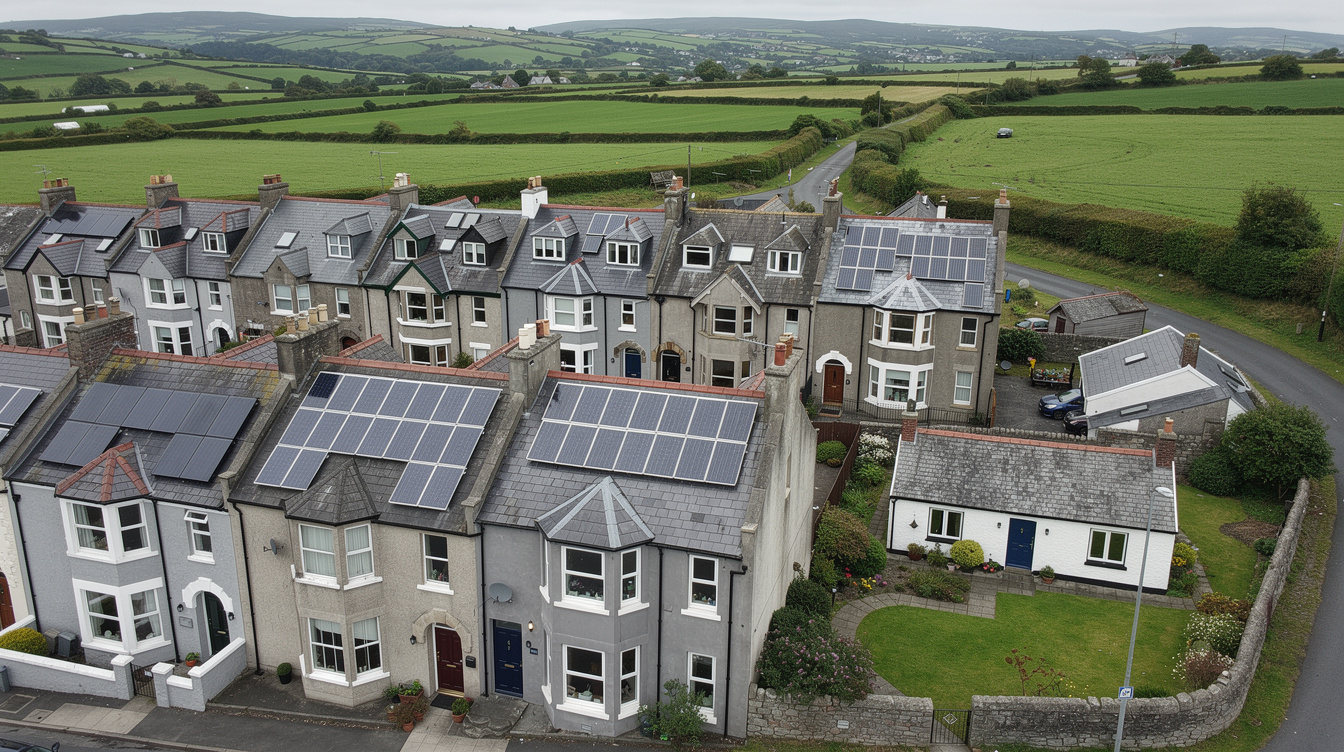 Aerial composite of Irish rooftops with solar panels across mixed urban and rural housing