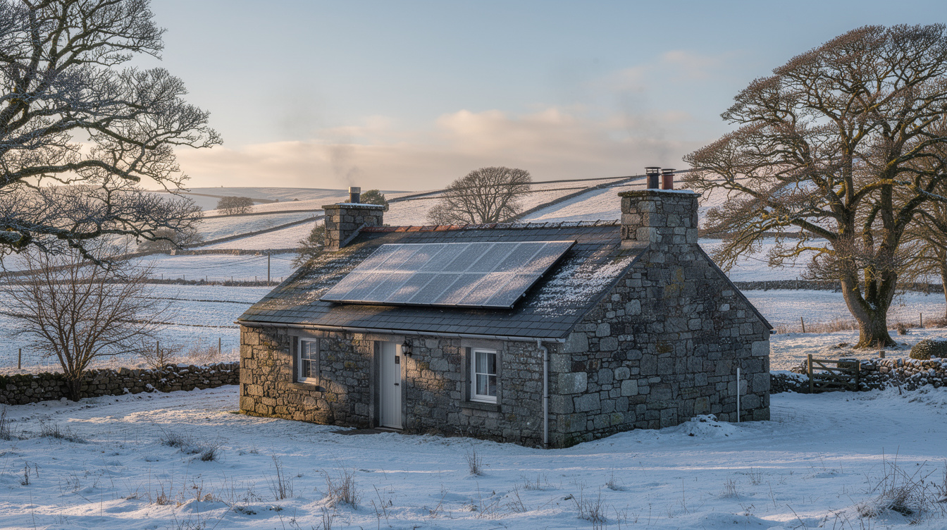 A traditional Irish stone cottage in winter with light snow on the ground and frosted solar panels on the slate roof, smoke rising from the chimney in golden afternoon light