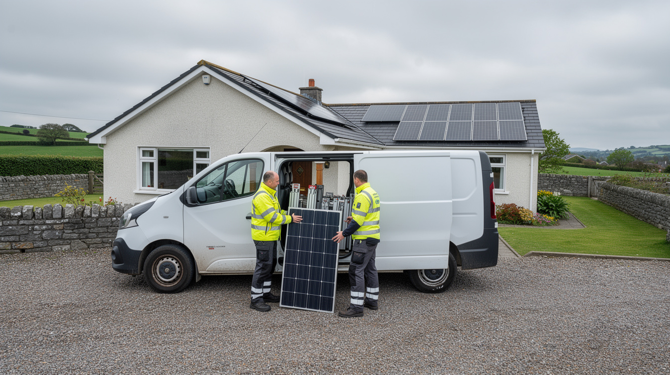 Two installers in hi-vis jackets unloading a solar panel from a white van on the gravel driveway of an Irish bungalow with solar panels already on the roof