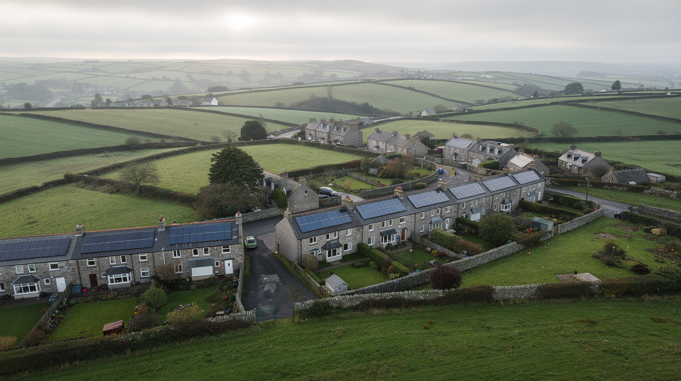Aerial view of an Irish village with rows of stone cottages, many with solar panels on the roofs, surrounded by green fields under an overcast sky