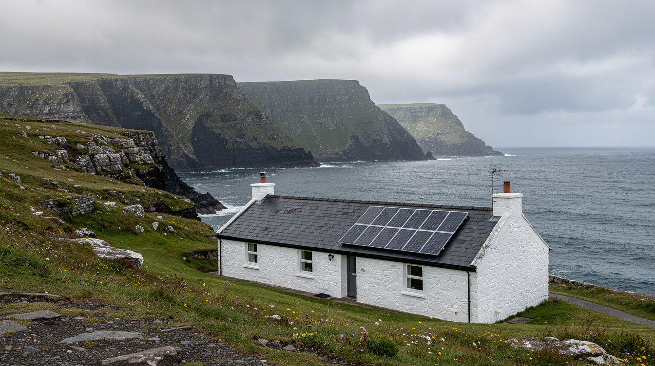 Irish coastal holiday cottage with solar panels overlooking Atlantic on Dingle peninsula
