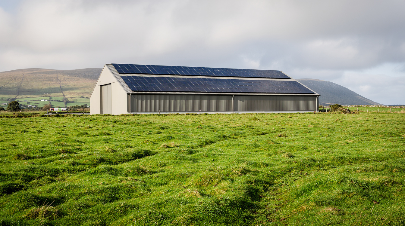 Modern Kerry dairy farm building with full roof of solar panels