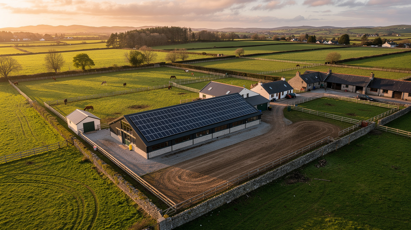 Aerial view of a Curragh-area stud farm with solar panels on the stable block roof