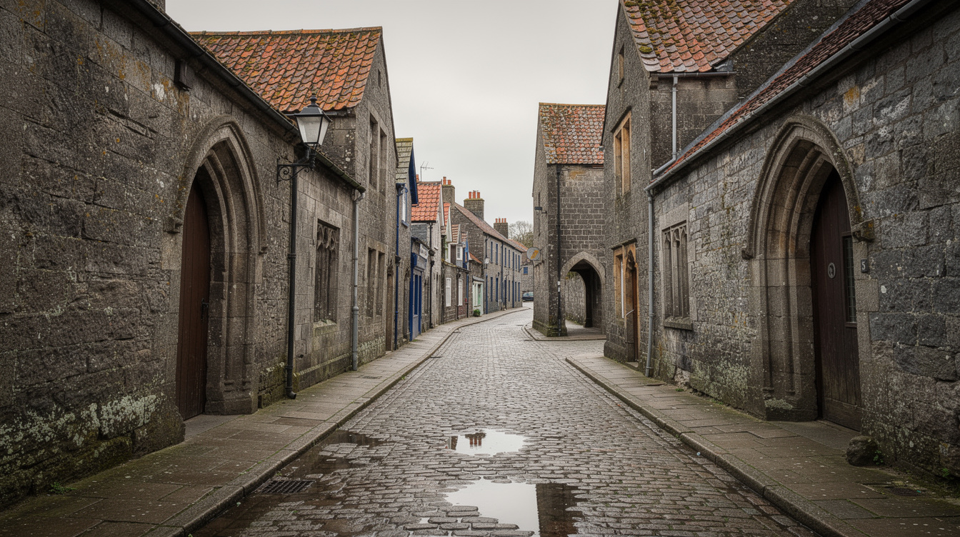 Medieval rooftops in Kilkenny city centre with St Canice's tower in the background