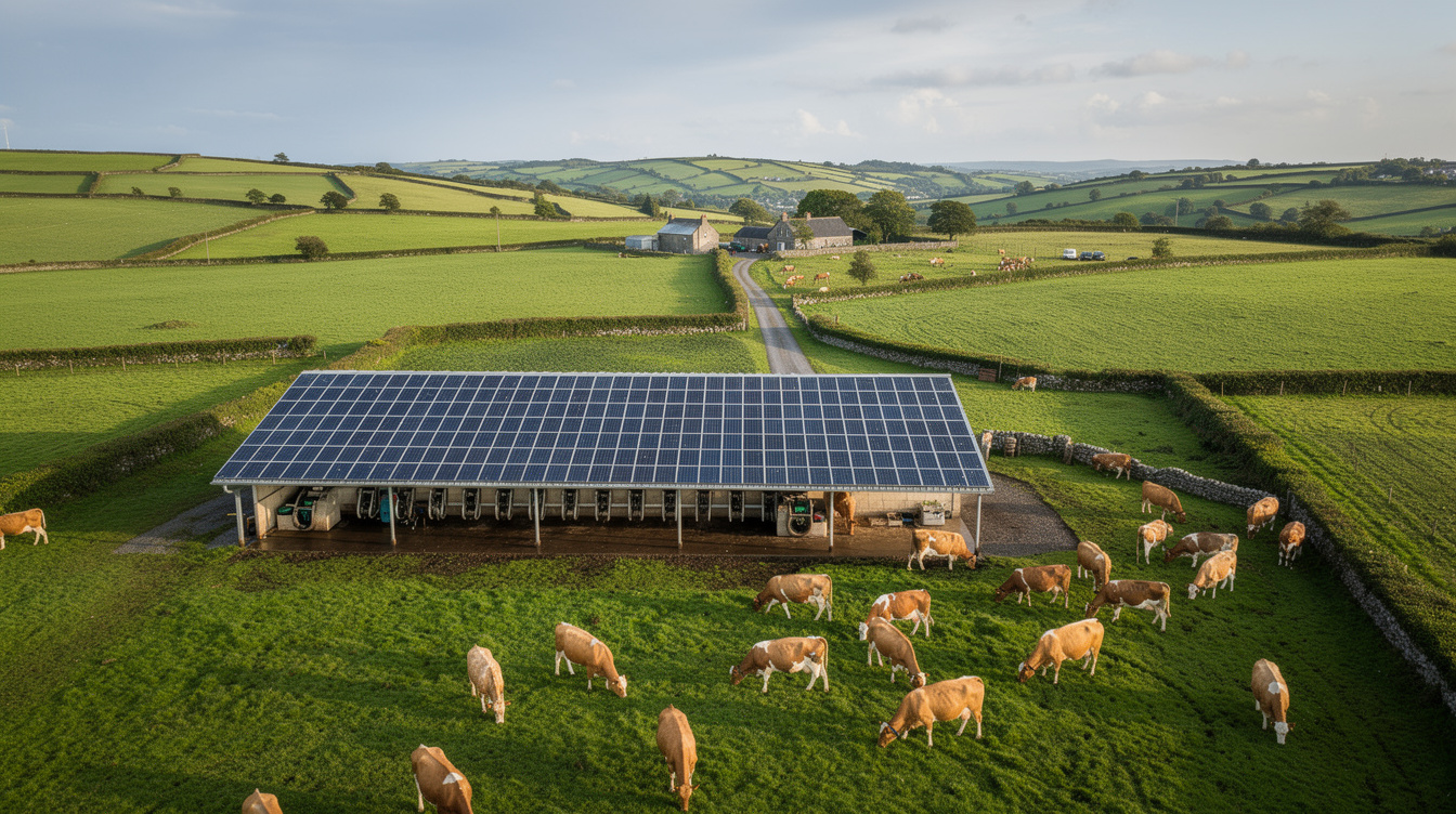 Solar panels on a south-facing dairy farm shed in Kilkenny countryside
