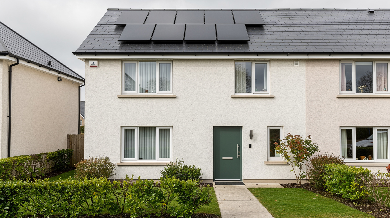 Front view of a modern Irish semi-detached rental property with solar panels on the roof