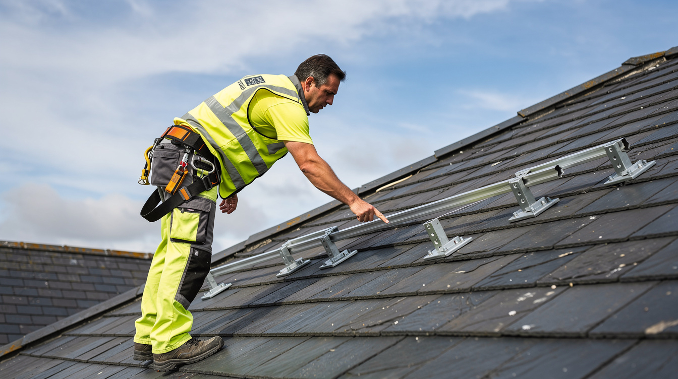 Safe-electric certified installer surveying the slate roof of an Irish rental property for solar panel installation