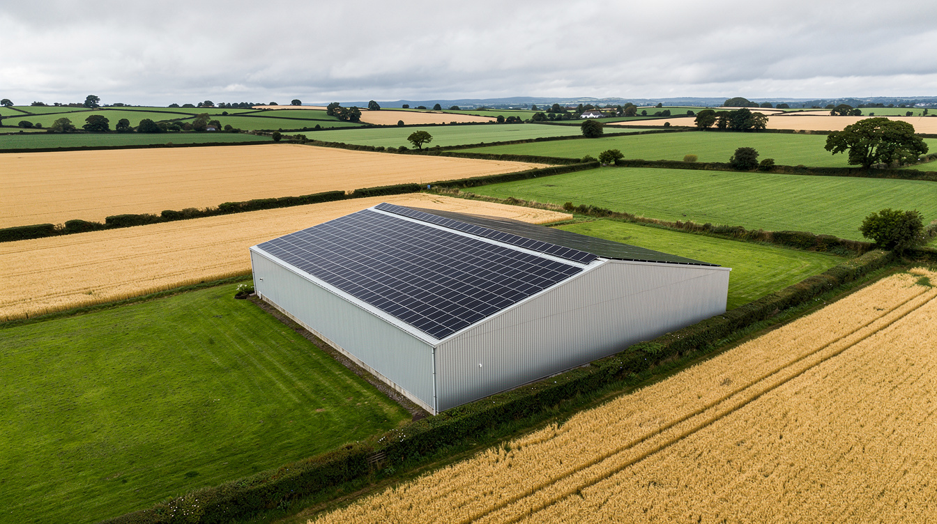 Flat Laois tillage farm near Mountmellick with solar panels on a large south-facing barn roof, rolling green and golden grain fields, overcast Midlands sky
