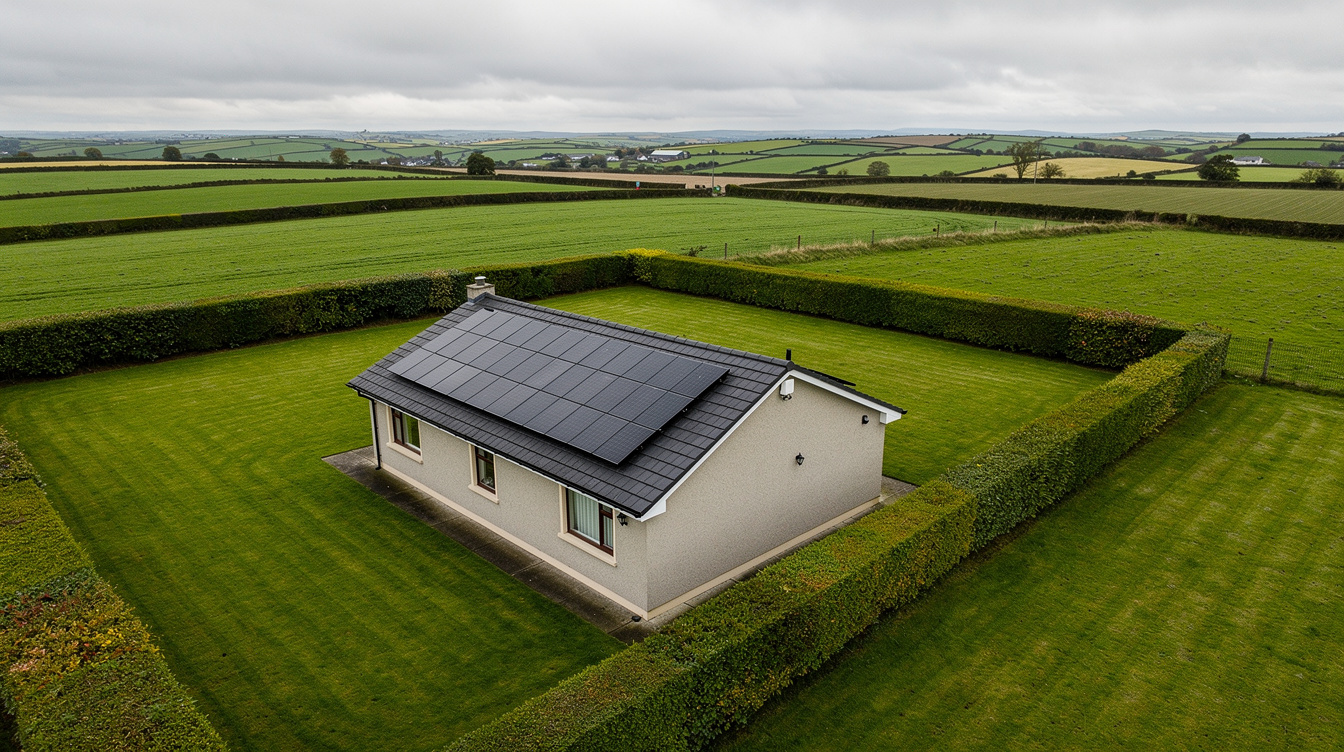 Detached Portlaoise bungalow with solar panels on south-facing tile roof, well-maintained green lawn, flat Midlands countryside in background under cloudy sky