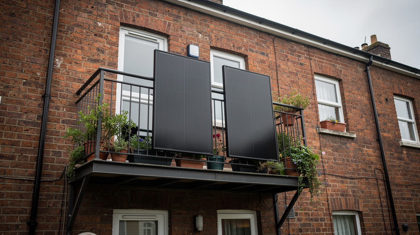 Two black plug-in solar panels mounted on the railings of a Dublin red-brick apartment balcony
