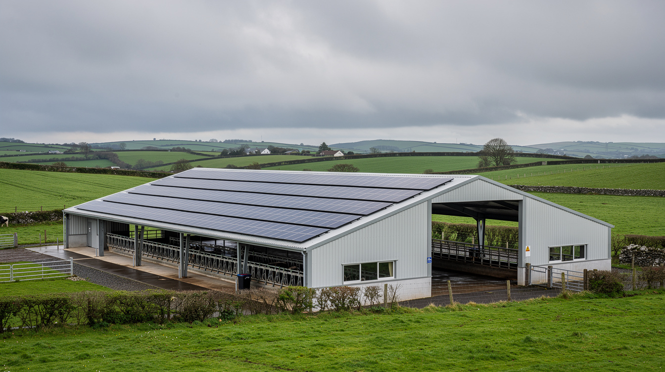 East Limerick dairy farm shed with rooftop solar PV array overlooking green fields