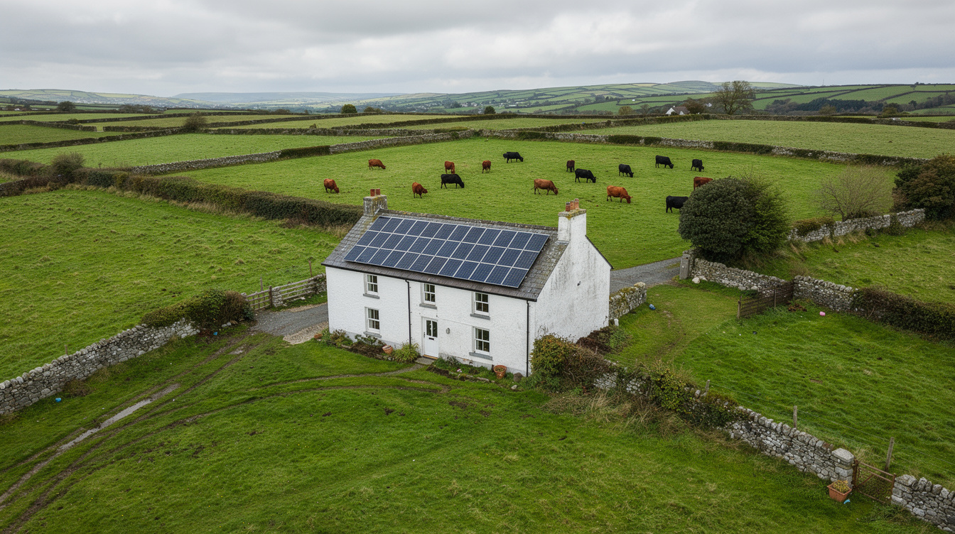 Solar PV install on Limerick farmhouse rooftop with green countryside
