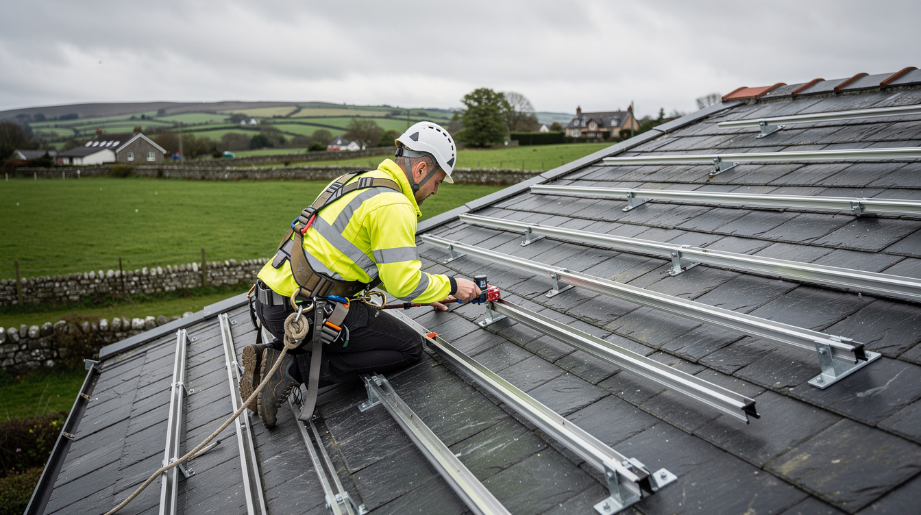 Solar installer securing aluminium mounting rails on a slate roof in the Limerick countryside