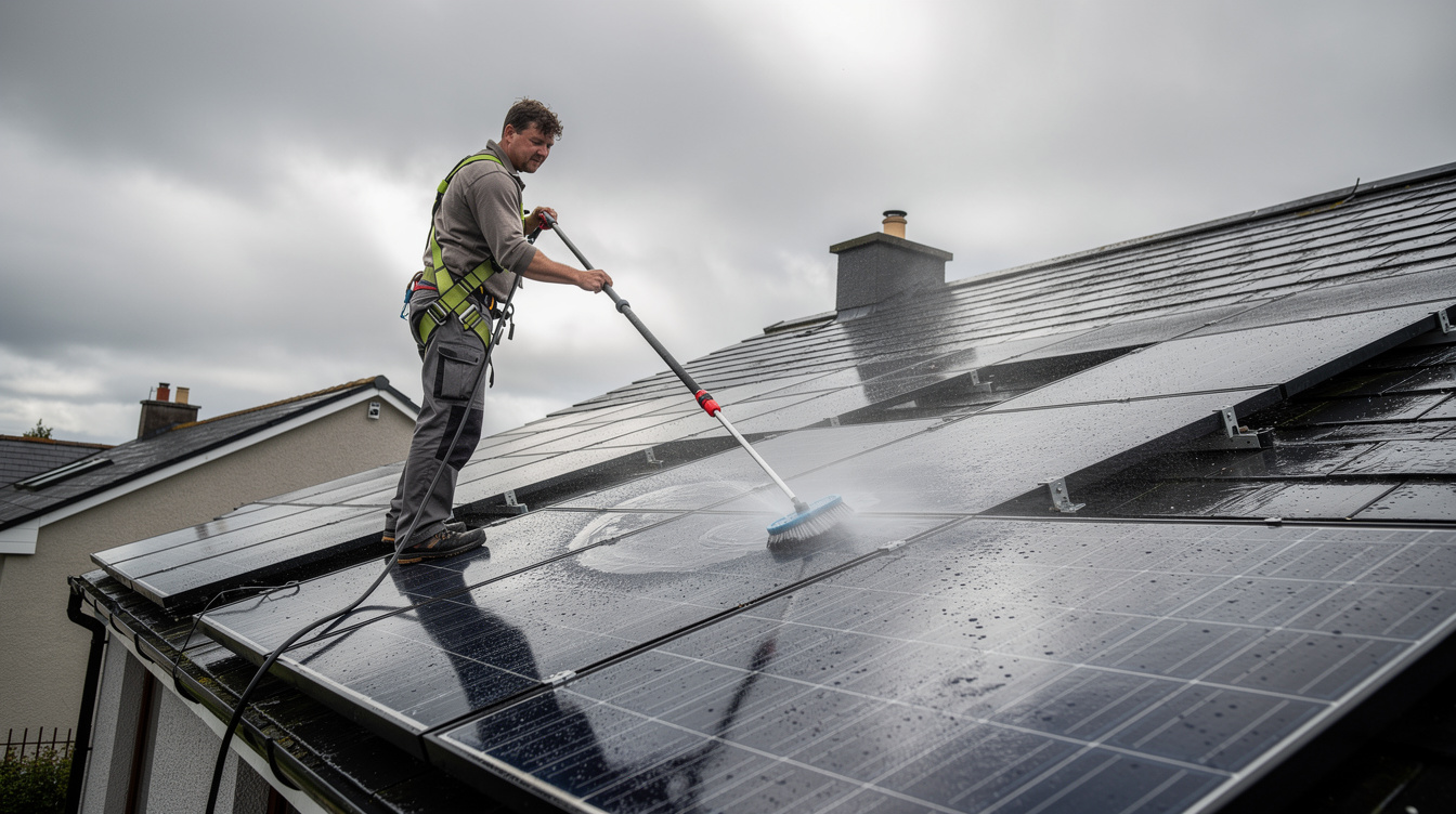 Technician using a soft brush and water-fed pole to clean rooftop solar panels on an Irish home