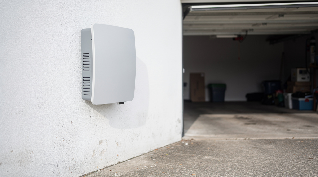 Solar inverter mounted on the exterior wall of an Irish home garage