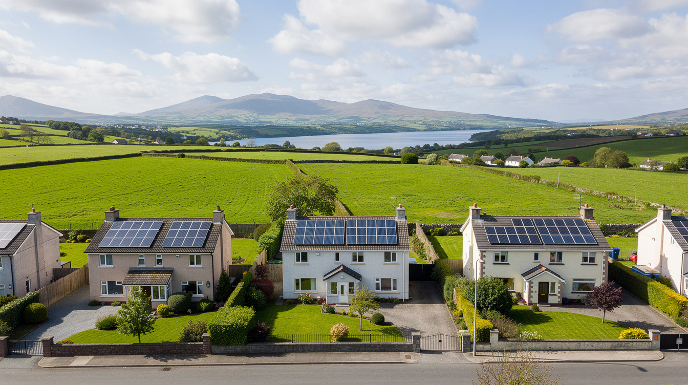 Aerial view of Mayo suburban houses with solar panels and distant mountains