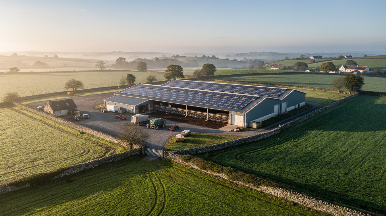 Aerial view of a north Meath dairy farm with solar panels covering the milking parlour roof