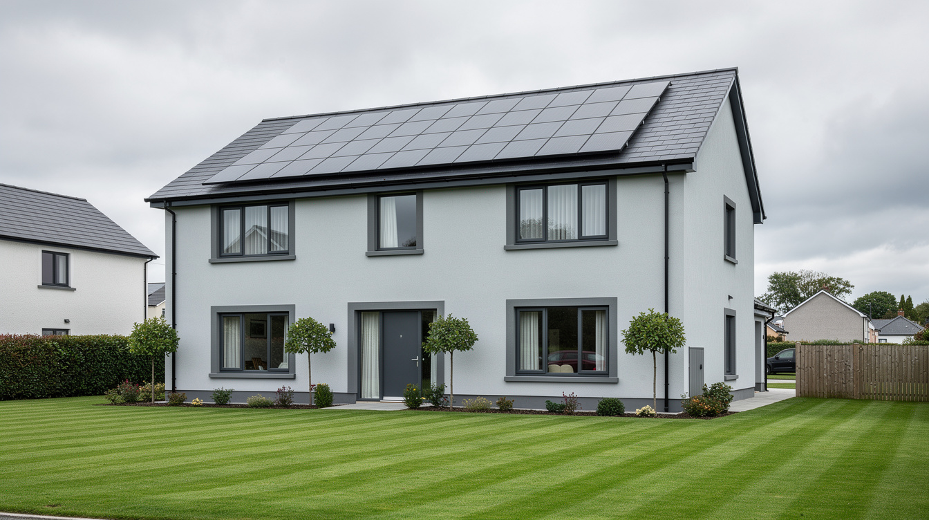 Modern Irish detached house with solar panel array on the south-facing roof