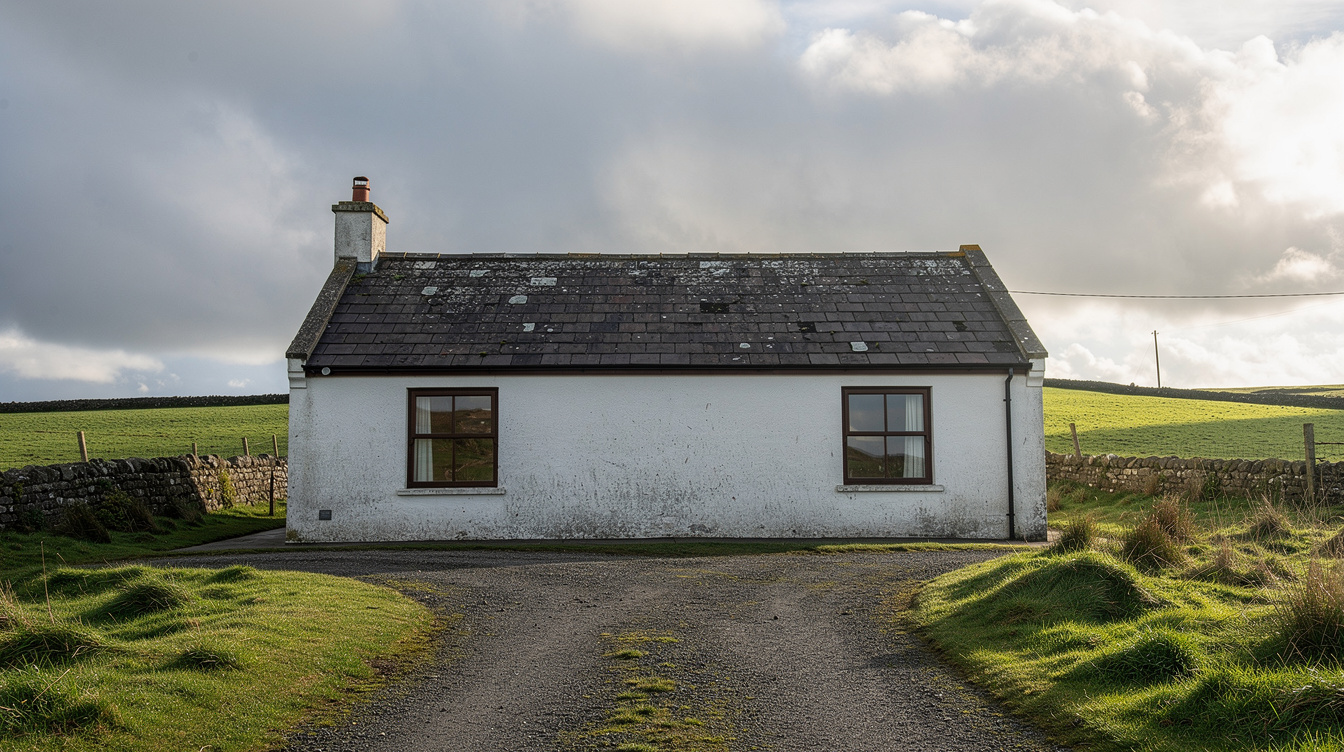 Irish bungalow with north-facing slate roof under overcast sky
