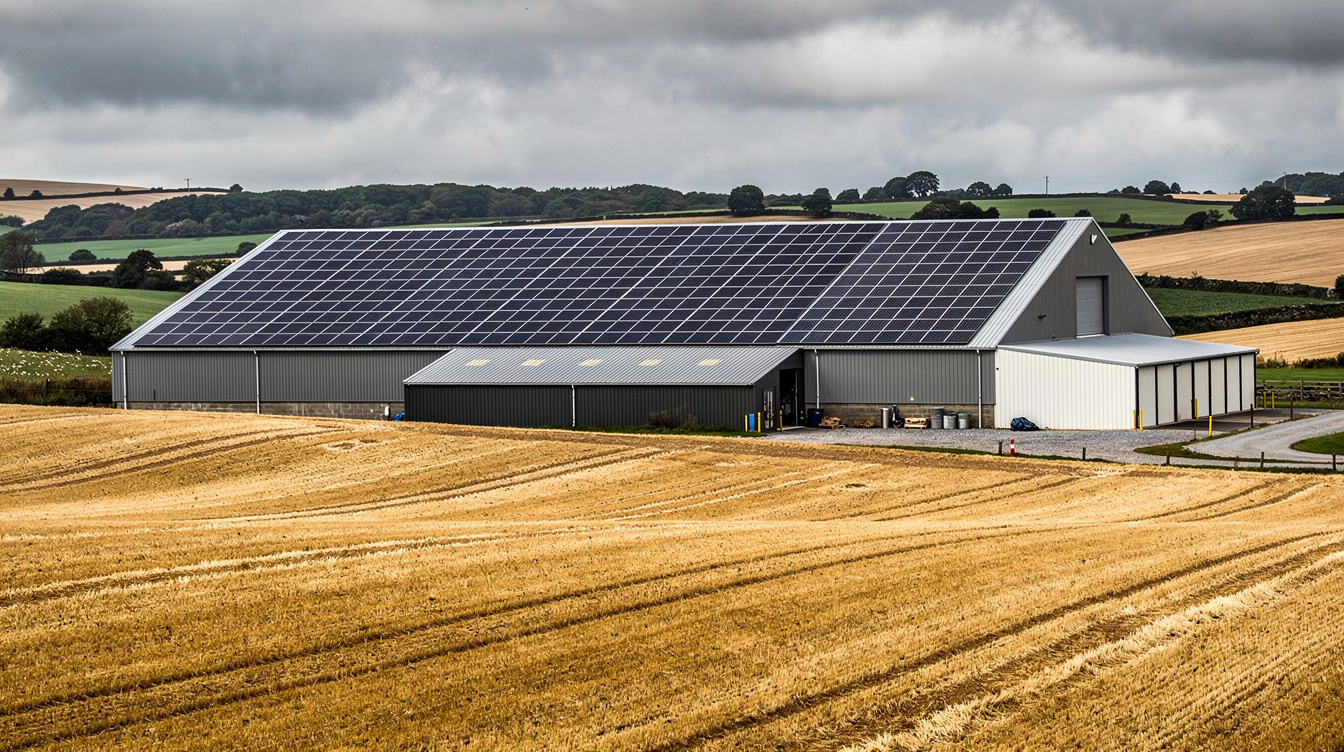 Large rural Offaly grain store and farm building with rooftop solar PV array, fields of Midlands farmland and overcast Irish sky