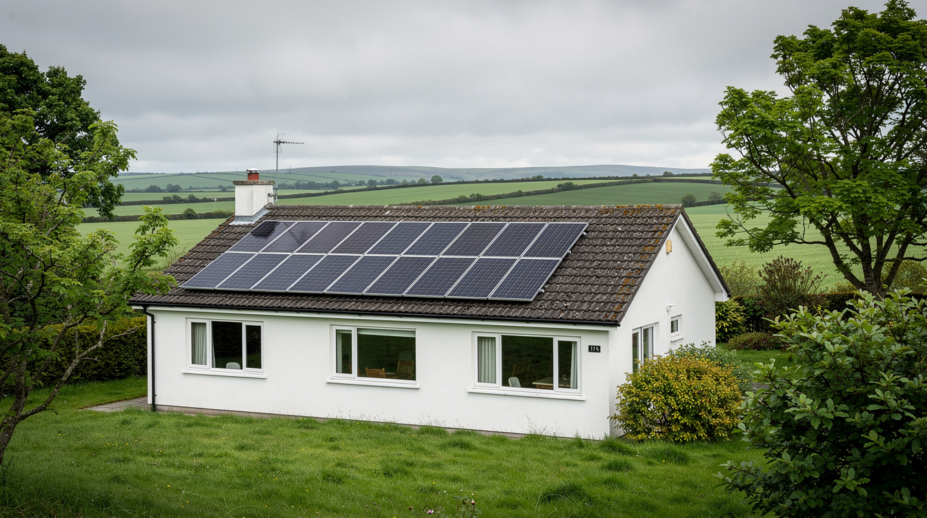 Single-storey Offaly bungalow with solar panels on south-facing tile roof, flat Midlands farmland and overcast sky in the background